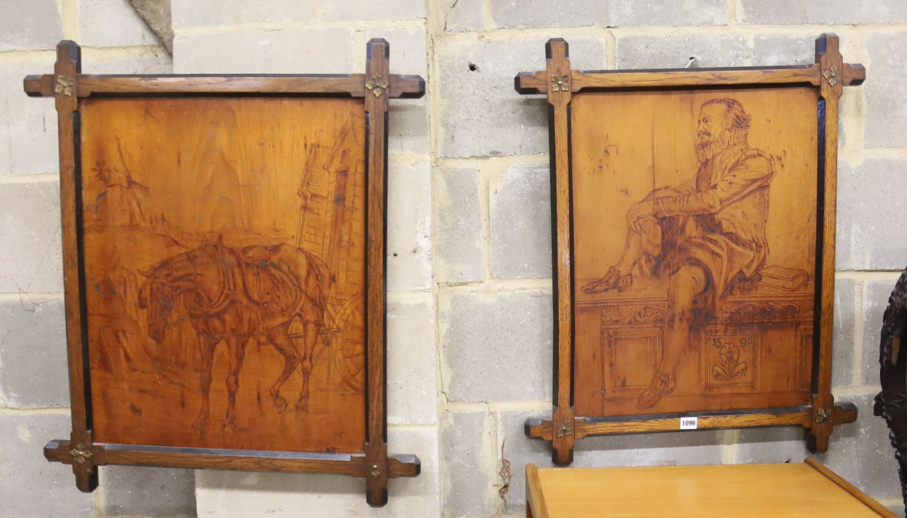 A pair of Arts & Crafts pokerwork beech panels, 59 x 48cm signed G. C. Barrett in oak frames